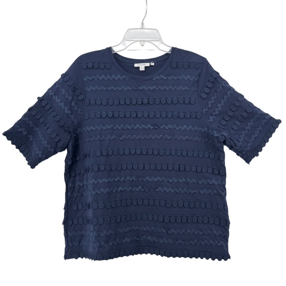 Chicos Navy Blue Rickrack Top 2 L Cotton Blend‎ Spring Preppy Nautical Resort